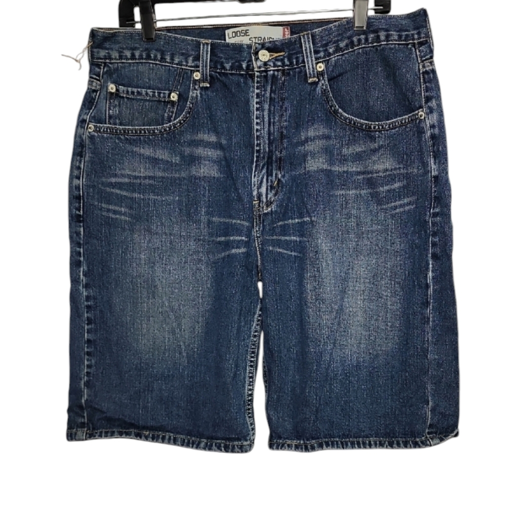 Levi’s 569 Shorts Loose Straight W34 Men’s Blue Denim Distressed Y2K Button Zip